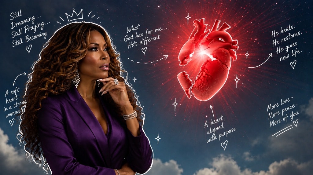 Brandee Patrice in a purple outfit gazing toward a glowing heart, surrounded by handwritten messages of healing, prayer, and becoming